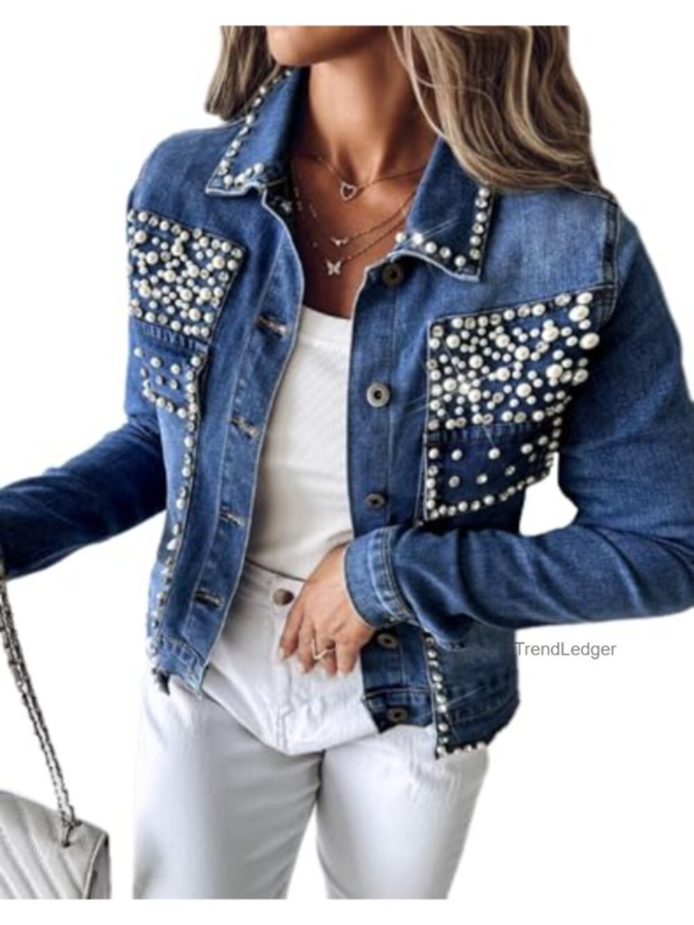 Pearl Denim Jacket Cropped Rhinestone Button Down Jean Coat